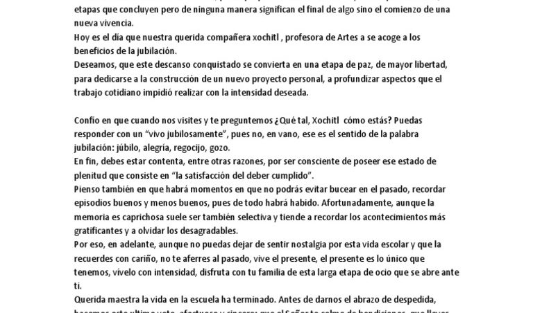 Palabras de despedida a maestra jubilada  Actualizado enero 2022